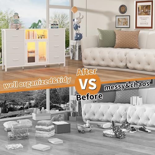 White Dresser for Bedroom Dresser TV Stand with Charging Station for 60" TV 6 Drawer Dresser Entertainment Center with LED Long Fabric Bedroom Dresser Organizer Unit Tall Chest of Drawers for Kids FFBCFDK