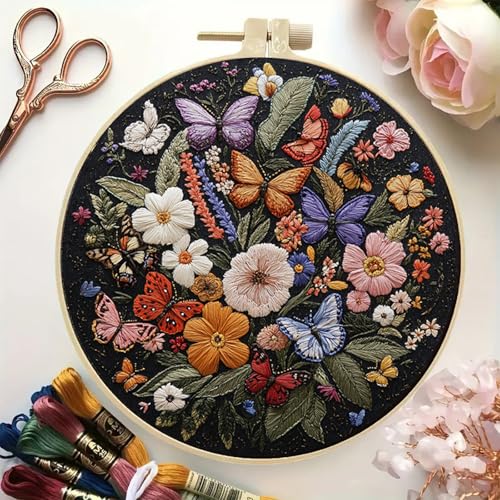 Huacan Embroidery Kit for Beginners Adults Includes Stamped Flowers Butterfly Pattern, Hoop, Color Threads,Tools,Easy to Follow Instruction