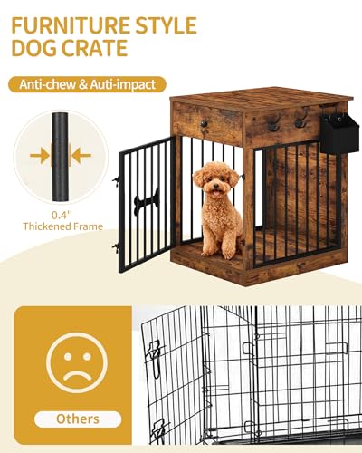Hzuaneri 24'' Dog Crate Furniture with Charging Station, Dog Kennel Indoor with Flip-Top Storage, Wooden Pet Cage Dogs House End Side Table for Small Dogs Anti-Chew Anti-Escape, Rustic Brown DFC90101B Hzuaneri