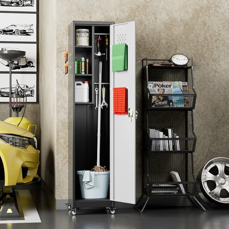 Aobabo 72" H Broom Closet Storage Cabinet, Lockable Metal Cleaning Storage Cabinet with Hooks for Home, Assembly Required Black Gray Aobabo