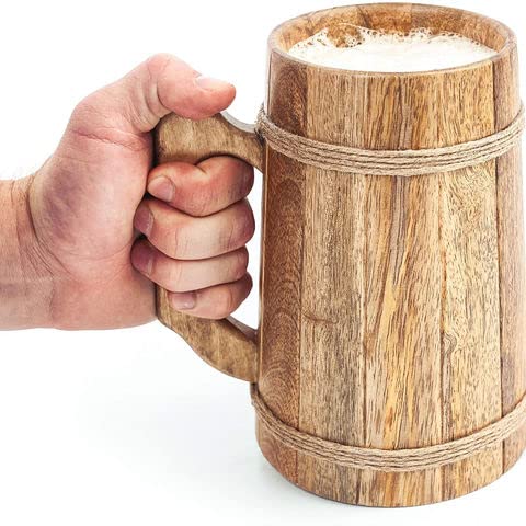 Frescorr Wooden Beer Mugs, 100% Authentic and HANDWADE, Top Grade Natural Handmade Retro Brown Wood mug with Handle for Drinking Tea Coffee Wine Beer Hot, cold Drinks, 17-18oz Frescorr