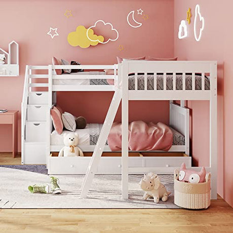 Harper & Bright Designs L Shaped Corner Bunk Bed Twin Over Twin Over Full Triple Bunk Beds with Stairs and 3 Storage Drawers for Kids Teens Adults (White) Harper & Bright Designs