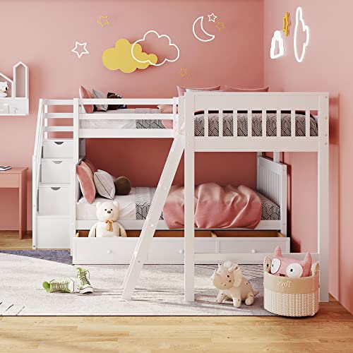 CITYLIGHT L-Shaped Bunk Bed for Kids, Solid WoodTriple Corner Bunk Bed with 3 Storage Drawers Attached a Twin Loft Bed,Bunk Beds with Stairs and Ladder for Boys Girls Teens,White CITYLIGHT