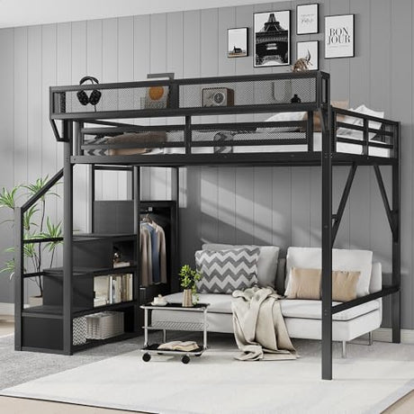 KEIKI Queen Size Metal Loft Bed Frame with Convertible Staircase, Built-in Storage Shelves and Wardrobe, Loft Bed with Solid Slats, Guardrail, No Box Spring Required, Easy Assembly, for Bedroom, Black KEIKI
