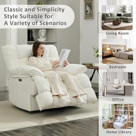 Pationate Oversized Rocker Recliner Chair,Power Swivel Recliner for Living Room,Overstuffed Extra Wide Rocking Recliners with Breathable Soft Fabric,Up to 350lbs (Power, White) Pationate