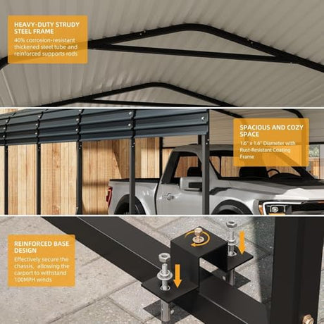 KOKEBREN 10x15 FT Metal Carport, Outdoor Car Port Canopy with Reinforced Base and Galvanized Steel Roof, Heavy Duty Garage Car Shelter Shade for SUV, Truck, Boats KOKEBREN