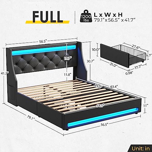 Rolanstar Full Bed Frame with LED Lights and Charging Station, PU Leather Bed with Drawers, Wooden Slats, Noise Free, Easy Assembly, Black Rolanstar