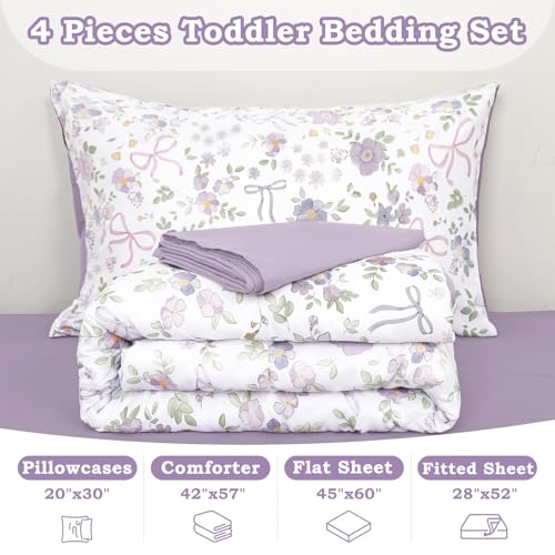 SWESEN Toddler Bedding Set for Girls, Purple Floral Toddler Girls Bedding Set, Soft & Lightweight 4 Piece Toddler Comforter Sets Include Comforter, Flat Sheet, Fitted Sheet, Pillowcase SWESEN