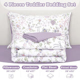 SWESEN Toddler Bedding Set for Girls, Purple Floral Toddler Girls Bedding Set, Soft & Lightweight 4 Piece Toddler Comforter Sets Include Comforter, Flat Sheet, Fitted Sheet, Pillowcase SWESEN