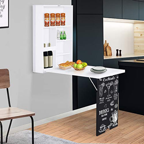 HOMCOM Wall Mounted Foldable Desk with a Blackboard, Fold Out Convertible Floating Desk with Shelves, White HOMCOM
