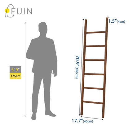 FUIN 6ft Wooden Brown Blanket Ladder Living Room Decorative Wall Leaning Farmhouse Quilt Display Holder Rustic Wood Towel Rack for Bathroom