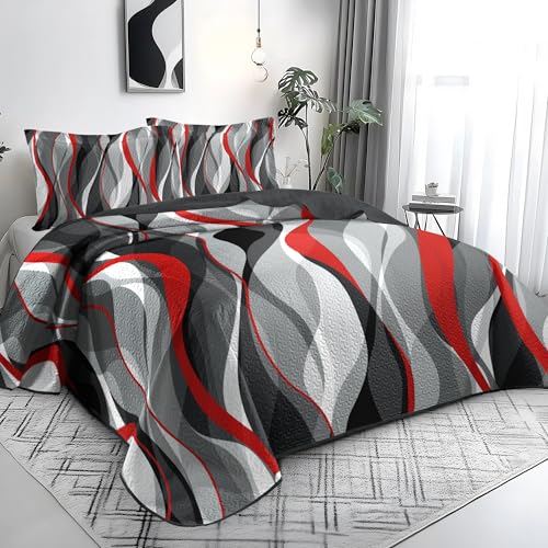 weesire Classic Line Pattern Bedding Quilt Queen Size Modern Grey Red and Black Stripe Quilt with 2 Shams, Gray and Red Comforter Sets Lightweight Breathable Bedspreads Coverlet, 90''x96'' weesire