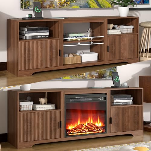 Fireplace TV Stand for Television up to 80 Inch,Entertainment Center with Adjustable Shelf,Mid-Century Modern Fluted TV Stand with 23" Electric Fireplace,Media Console for Living Room,Bedroom Mxtxmy