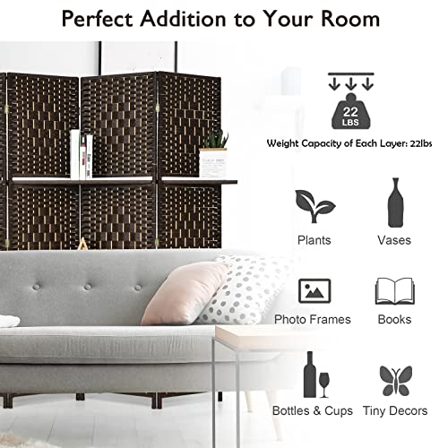Giantex 6Ft 6 Panel Room Divider with Shelves, Freestanding Hand-Woven Rattan Folding Privacy Screens for Room Separation, Wooden Partition Room Divider Wall for Home Office Studio Separator Giantex