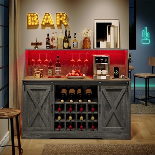 YITAHOME Farmhouse Coffee Bar Cabinet w/Power Outlets LED Lights 55" Sideboard Buffet Cabinet w/Sliding Barn Door Wine and Glass Rack Home Liquor Bar Cabinet with Storage Shelves for Kitchen, - WoodArtSupply