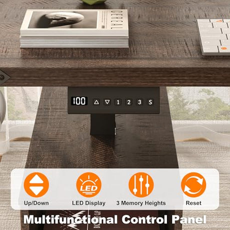 63" L-Shaped Electric Standing Desk, Executive Standing Desk with File Cabinet, Height Adjustable Sit Stand Desk with Storage Shelves & Drawers, Corner Computer Desk with Power Outlet, Brown Squireewo