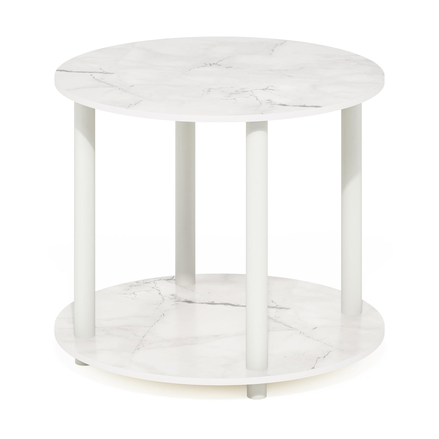 Furinno Turn-N-Tube Simple Design 2-Tier Round Wooden Small Coffee Table, Marble White - WoodArtSupply