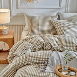 DuShow Grid King Duvet Cover Set - Tan Gingham Washed Microfiber Comforter Cover Set, 3 Pieces Plaid Checkered Soft Reversible Bedding Set(Tan,King) DuShow