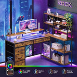 RALGEND L Shaped Computer Desk with Drawers, 53'' Gaming Desk with Storage Shelves, Corner Computer Desk with Power Outlets & LED Light, Home Office Desk with Monitor Stand and Pegboard, Rustic Brown RALGEND