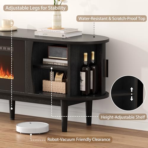 Decofy 70″ Fluted Fireplace TV Stand for 80″ TVs, Remote & Touch Control, Adjustable Flame Colors & Temperature Entertainment Center with Storage, Modern Media TV Console Table for Living Room (Black) Decofy