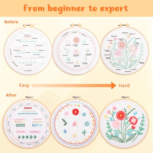 HTVRONT Bead Embroidery Kit for Beginners 3 Sets Bling Bling Bead Embroidery Kit with Step By Step Stitch Video & Instructions, Three-Dimensional Starter Embroidery Set with 19 Stitches for Gift