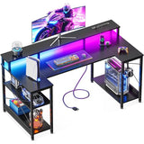 ODK 48 Inch Gaming Desk with LED Lights and Power Outlet, U-Shaped Computer Desk with Monitor Stand and Storage Shelves, PC Gamer Table for Home Office, Carbon Fiber Black ODK