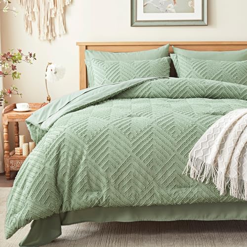 Zzlpp King Comforter Set 7 Pieces, Sage Green Tufted Bed in a Bag with Comforter and Sheets, All Season Boho Bedding Sets with 1 Comforter, 2 Pillow Shams, 2 Pillowcases, 1 Flat Sheet, 1 Fitted Sheet Zzlpp