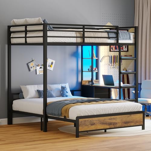 ADORNEVE Twin Over Full Bunk Bed with Desk, Bunk Beds Twin Over Full Size with Charging Station & Led Lights, Storage Drawers & Shelves, Loft Bed with Safety Guardrail & Ladder for Kids/Teens, Black ADORNEVE