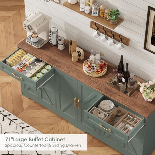 BOTLOG 71” Large Sideboard Buffet Cabinet with Storage, Farmhouse Kitchen Buffet Cabinet with Adjustable Shelves and 6 Barn Doors, Wood Coffee Wine Bar Console Table for Kitchen, Dining Room, Green BOTLOG