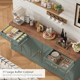 BOTLOG 71” Large Sideboard Buffet Cabinet with Storage, Farmhouse Kitchen Buffet Cabinet with Adjustable Shelves and 6 Barn Doors, Wood Coffee Wine Bar Console Table for Kitchen, Dining Room, Green BOTLOG