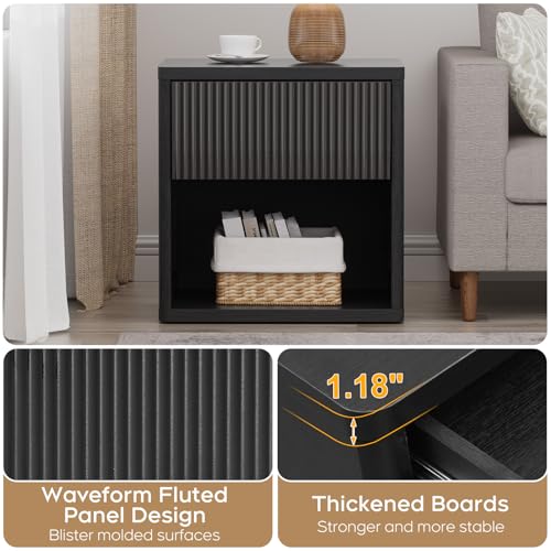 Yechen 22.8" W Black Nightstand Set of 2 with Hidden Drawers and Open Shelves, Mid Century Modern Nightstand Curved Profile, Large Wood Fluted Night Stand, Accent Bedside End Table Yechen