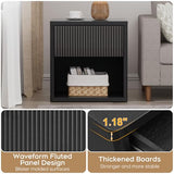 Yechen 22.8" W Black Nightstand Set of 2 with Hidden Drawers and Open Shelves, Mid Century Modern Nightstand Curved Profile, Large Wood Fluted Night Stand, Accent Bedside End Table Yechen