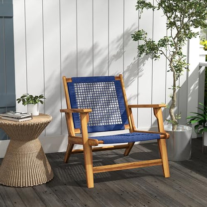 Outsunny Patio Acacia Wood Adirondack Chair, Modern Wood Fire Pit Chair with PP Rope Weave, Coconino Lounge Chair with High Backrest Support, Dark Blue - WoodArtSupply