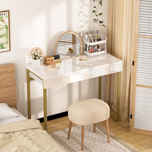 GreenForest Vanity Desk with 2 Drawers,39 inch White Desk with Glossy Desktop Easy Clean,Makeup Dressing Table with Metal Gold Legs for Home Office Small Spaces,Bedroom GreenForest