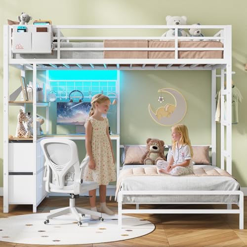 DICTAC Bunk Bed with L-Shaped Desk,5 Storage Drawers and 2 Shelves Metal Twin XL Over Twin Bunk Bed with LED Lights and Charging Station,bunk Beds with Safety Guardrail & Ladder,Space-Saving,White DICTAC