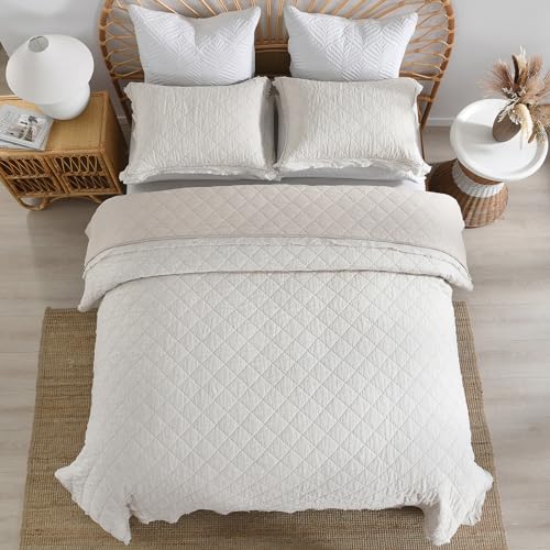 HORIMOTE HOME 100% Linen Front/100% Cotton Back Quilt Set Queen Size, Beige Pre-Washed European Flax Linen Quilt, Diamond Stitch Bedspread Coverlet Bedding Set 3-Piece for All Seasons HORIMOTE HOME