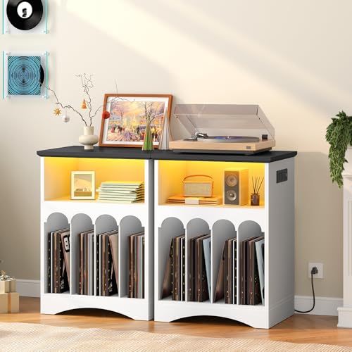 HOOBRO Farmhouse Record Stand with Charging Station and LED Lights, Compact Vinyl Storage Cabinet Holds Up to 230 Albums, Turntable Holder for Living Room, Bedroom, Black and White WB40UDRS01 HOOBRO