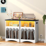 HOOBRO Farmhouse Record Stand with Charging Station and LED Lights, Compact Vinyl Storage Cabinet Holds Up to 230 Albums, Turntable Holder for Living Room, Bedroom, Black and White WB40UDRS01 HOOBRO