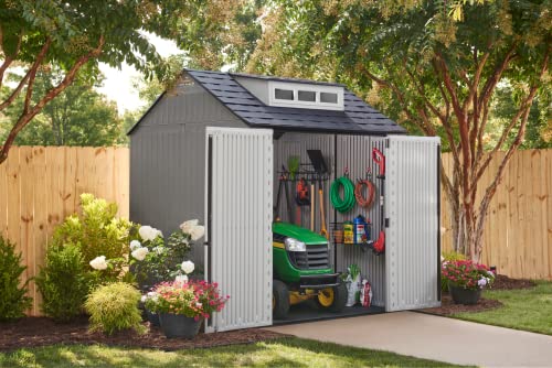 Rubbermaid Resin Outdoor Storage Shed With Floor (7 x 7 Ft), Weather Resistant, Gray, Organization for Home/Backyard/Garden Tools/Lawn Mower/Bike Storage/Pool Supplies Rubbermaid