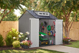Rubbermaid Resin Outdoor Storage Shed With Floor (7 x 7 Ft), Weather Resistant, Gray, Organization for Home/Backyard/Garden Tools/Lawn Mower/Bike Storage/Pool Supplies Rubbermaid