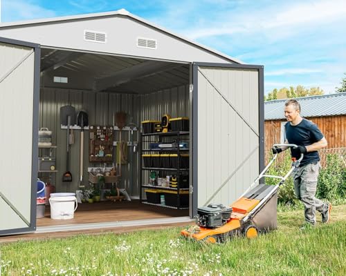 Greesum 10x8FT Outdoor Storage Shed, Utility Tool Shed Metal Storage Garden Shed with Door & Lock for Patio Storage, Gray Greesum