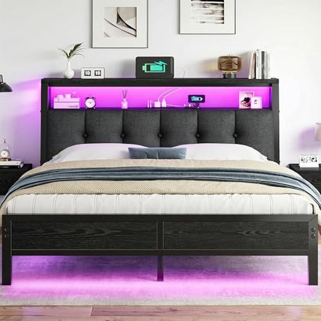 Homkdom Queen Bed Frame with LED Lights Grey Upholstered Headboard with Charging Station, Type C& 2-Tier Storage Shelves,Metal Platform Bed with 12" Under-Bed Storage, Noise-Free, Black Homkdom