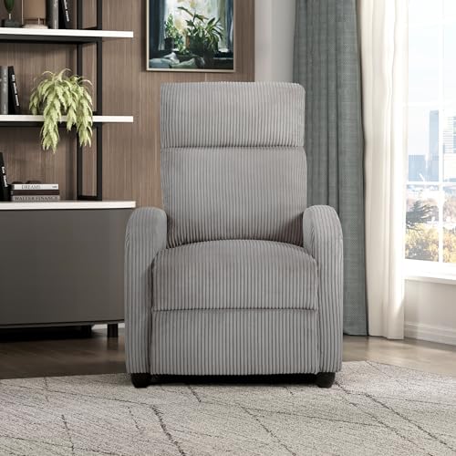 Lexicon Corduroy Pushback Recliner Chair Armchair Push Back Recliner, Solid Wood Frame and Metal Base, Easy Assembly Small Soft Single Sofa Accent Chair for Living Room/Office/Apartment, Light Grey