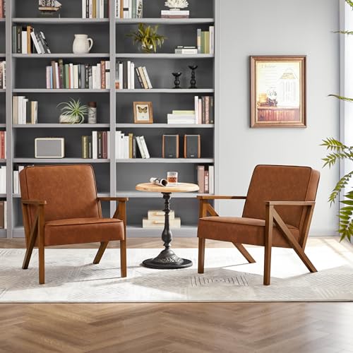 Yaheetech Accent Chair, Armchair with Strong Wood Frame, PU Leather Modern Retro Lounge Chair for Living Room/Lounge/Office/Reception Area, 2 Pieces, Light Brown Yaheetech