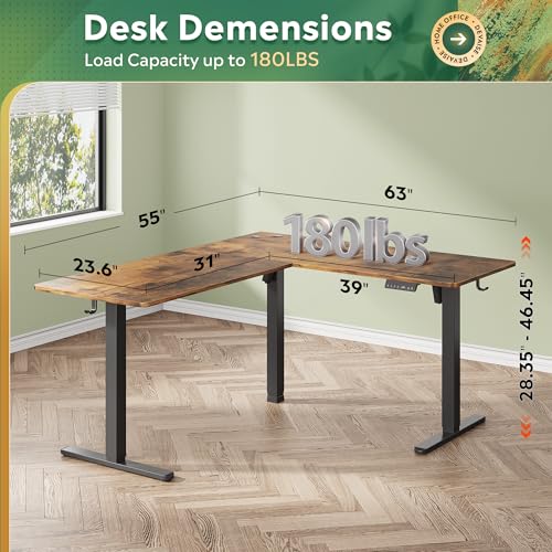 DEVAISE L Shaped Standing Desk Adjustable Height, Dual Motor Electric Corner Standing Desk, 63x55 inch Sit Stand up Home Office Desk with Splice Board, Rustic Brown DEVAISE