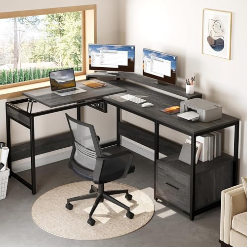 DWVO L Shaped Desk with Lift Top, 65" Adjustable Standing Desk with File Drawer, Corner Computer Desk with Storage Shelves,Home Office Desk, Grey DWVO