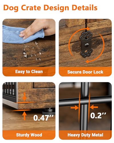 YaFiti Dog Crate Furniture with Cushion, Wooden Dog Kennel Indoor with Double Doors, Dog Cage with Wheels, Dog House Side End Table for Small Medium Dogs up to 45 lb, 32.5” L, Rustic Brown YaFiti