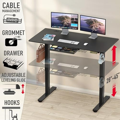 SHW 55 x 28 Inches Electric Height Adjustable Standing Desk with Drawer and Memory Preset, Black SHW