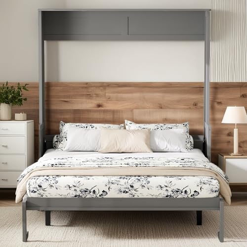 LUMISOL Queen Size Murphy Bed with Desk, LED Lights and USB Charging Station, Solid Wood Wall Bed Cabinet with Storage, Queen Foldable Wall Bed Frame with Desk for Guest Room Office, Gray LUMISOL