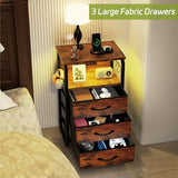runjuly Bed Side Table with 3 Fabric Drawers, Night Stand with Charging Station, LED Nightstand with Hooks, Bedside Table End Table with Storage, Night Table for Living Room, Bedroom (Rustic Brown) runjuly